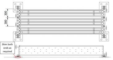 Vertical FireFlo assemblies mounted to bed mounting brackets (plan and front views)