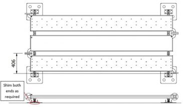 Horizontal FireFlo assemblies connected in series mounted to bed mounting brackets (plan view)